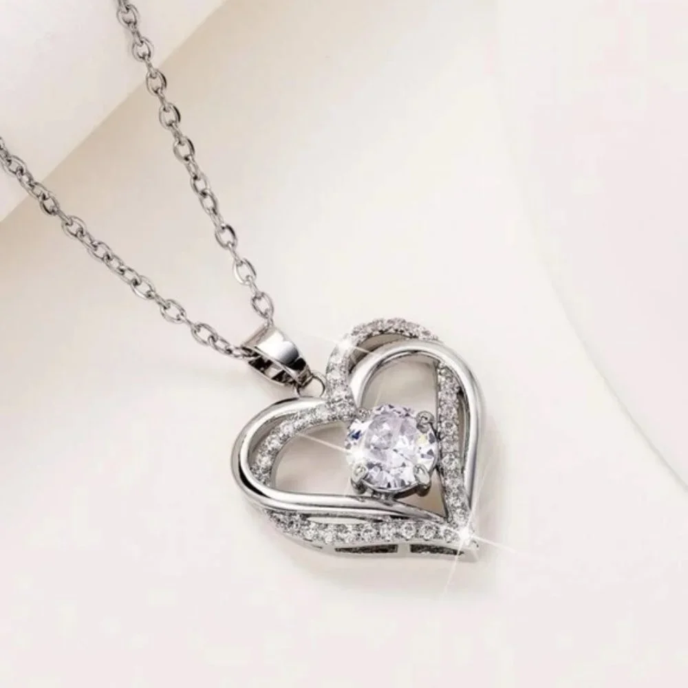 Cubic Zirconia Heart Pendant Necklace for Women Wedding Party - Picture 2 of 6